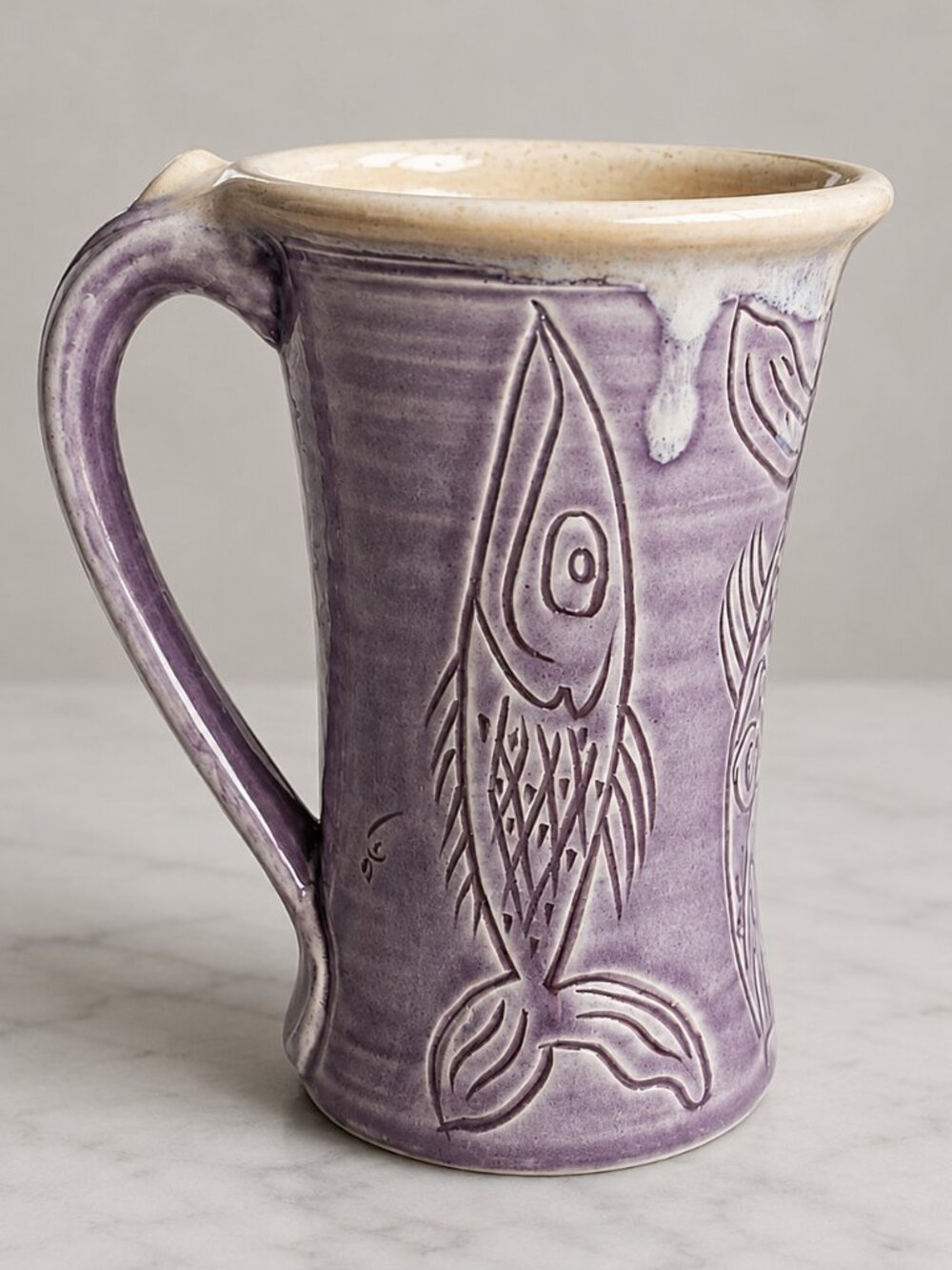 Handmade Purple Pottery Fish Mug Signed Studio Art Pottery 20oz 6"